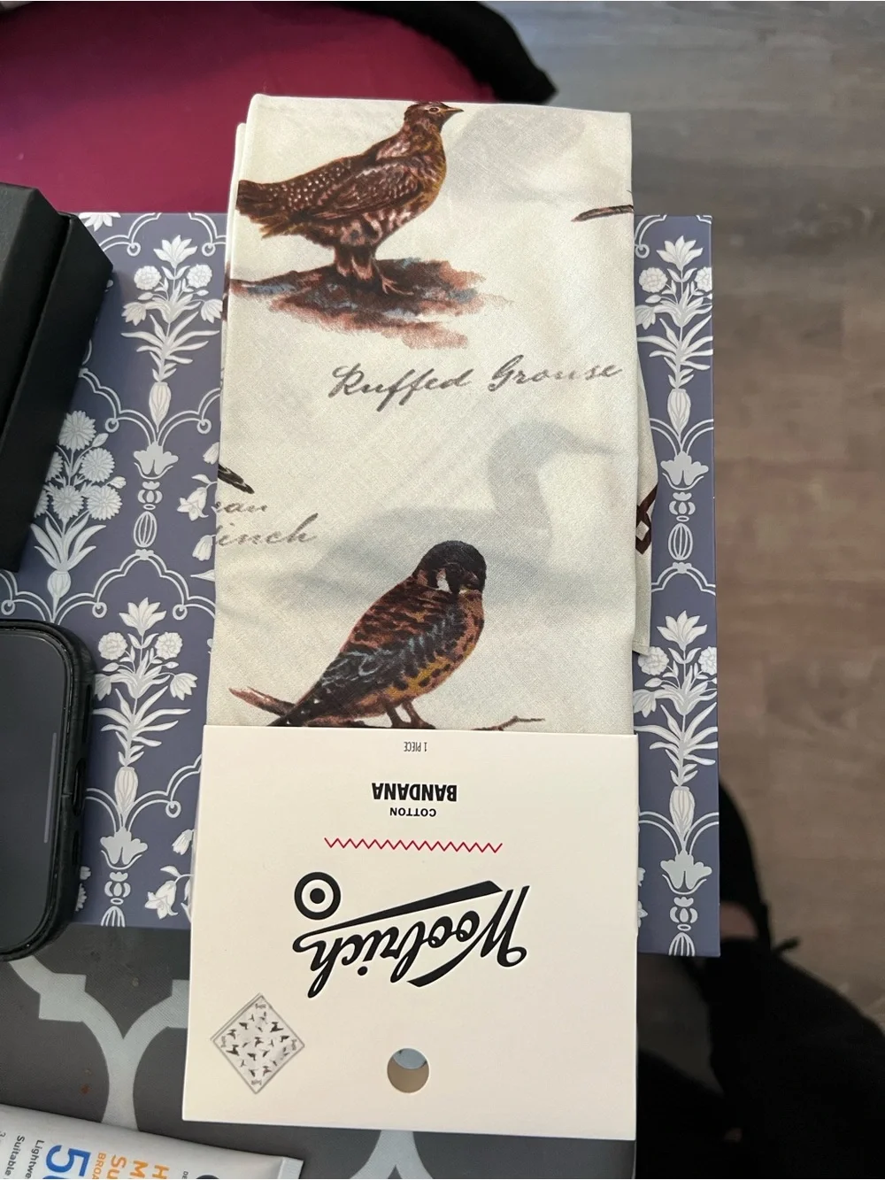 Woolrich Cream Cotton Bandana with Brown Bird Print